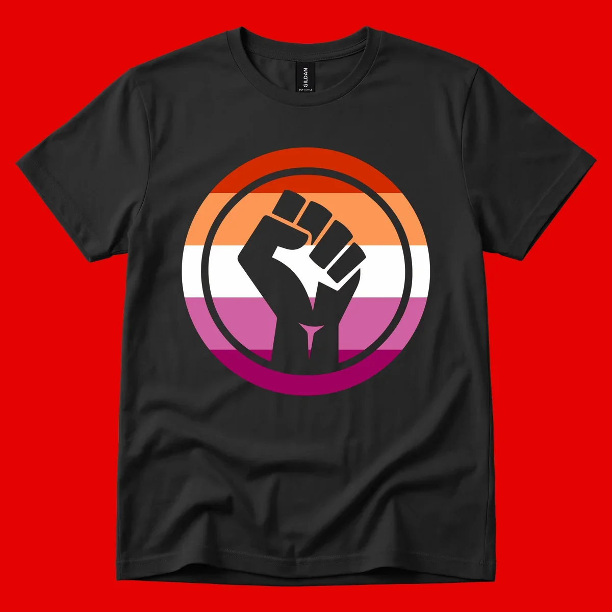 Raised fist silhouette on rainbow pride flag stripes within concentric circles, symbolizing LGBTQ+ strength and solidarity