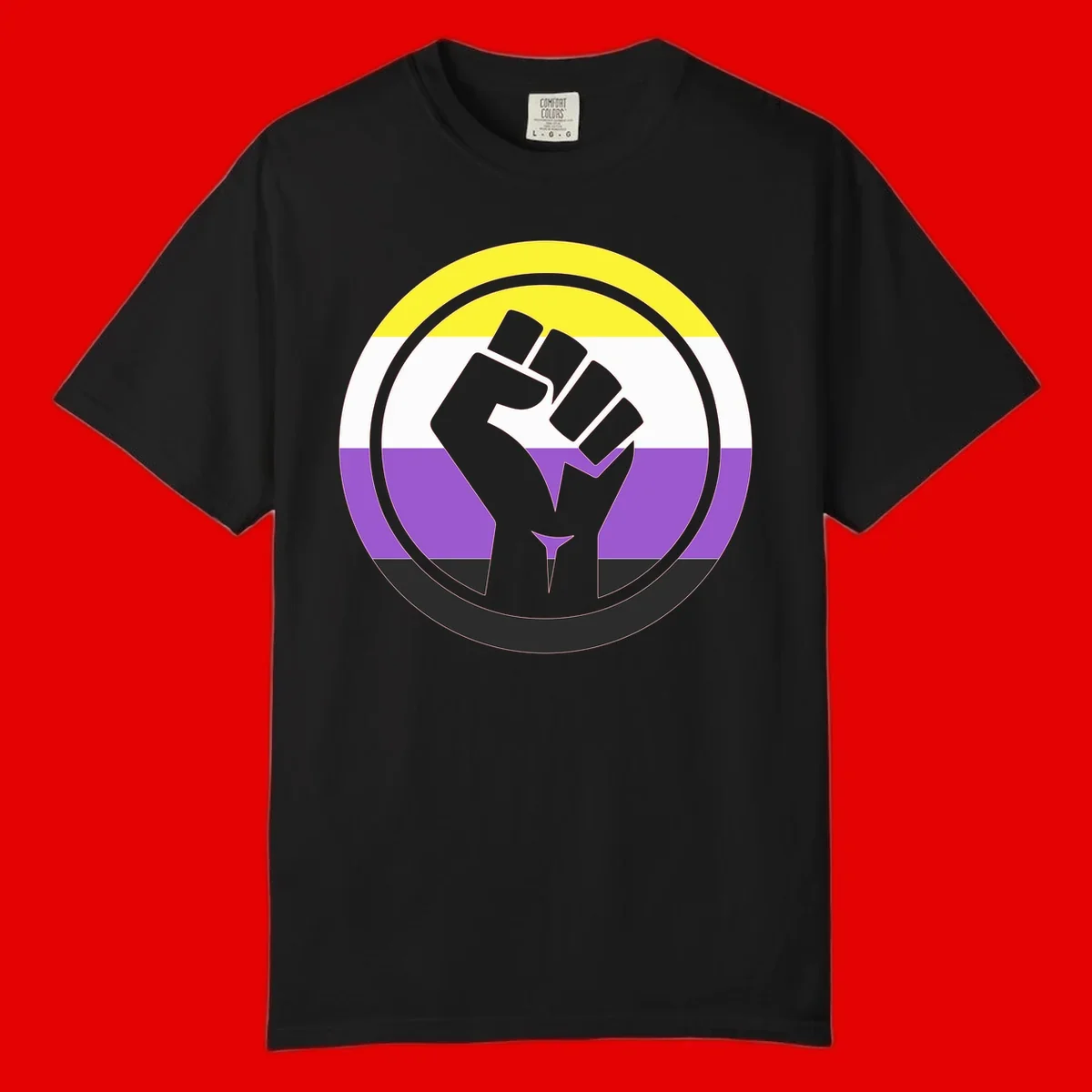 Raised fist silhouette within concentric rings on nonbinary pride flag with yellow, white, purple, and black stripes