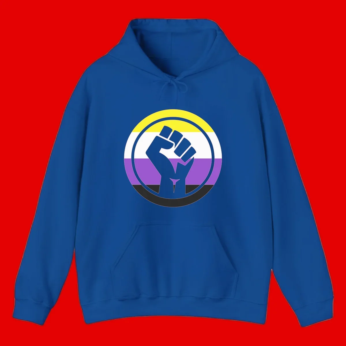 Raised fist silhouette within concentric rings on nonbinary pride flag with yellow, white, purple, and black stripes