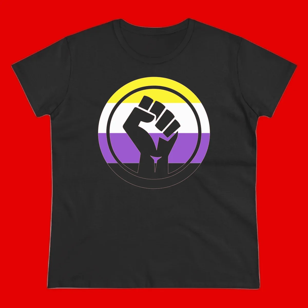Raised fist silhouette within concentric rings on nonbinary pride flag with yellow, white, purple, and black stripes