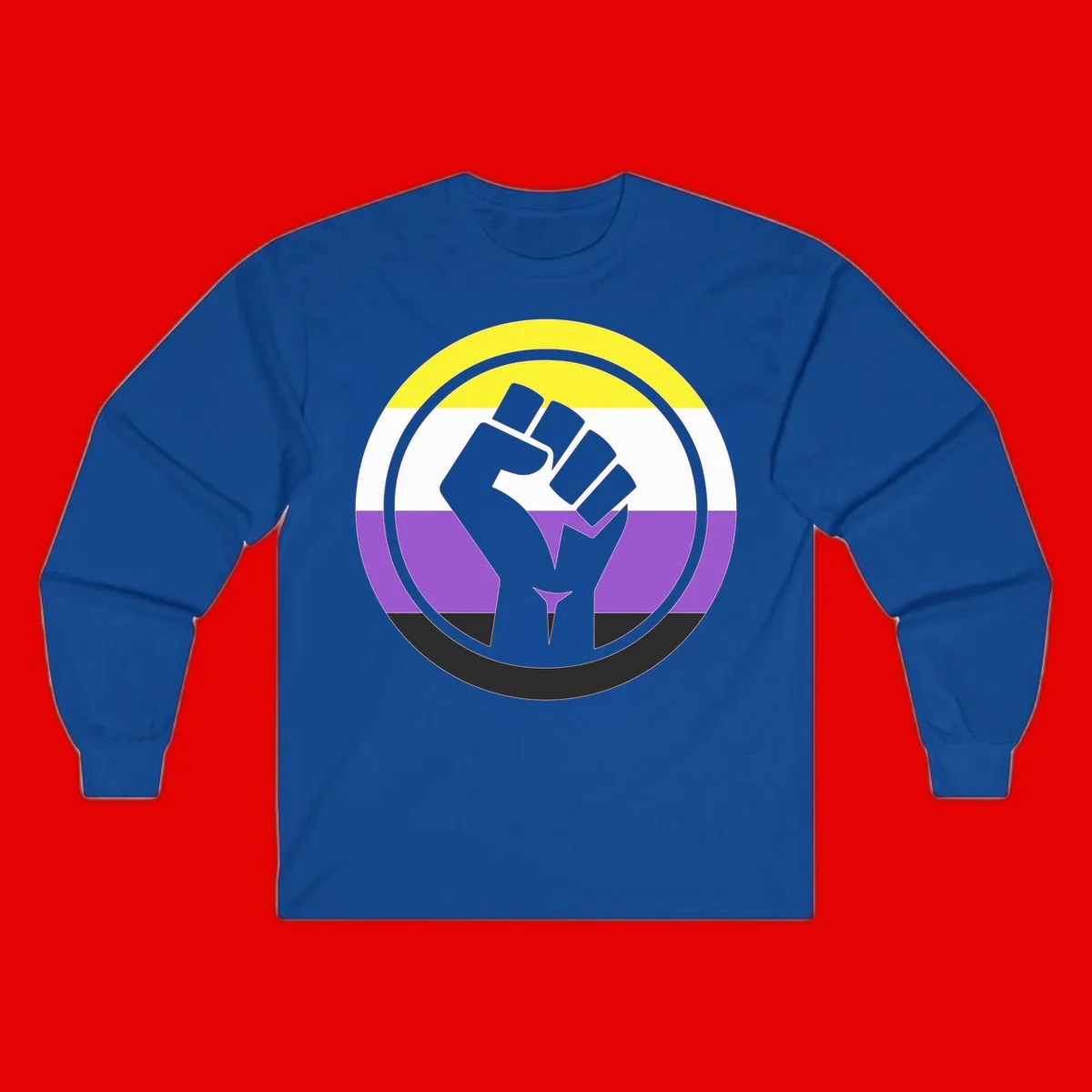 Raised fist silhouette within concentric rings on nonbinary pride flag with yellow, white, purple, and black stripes