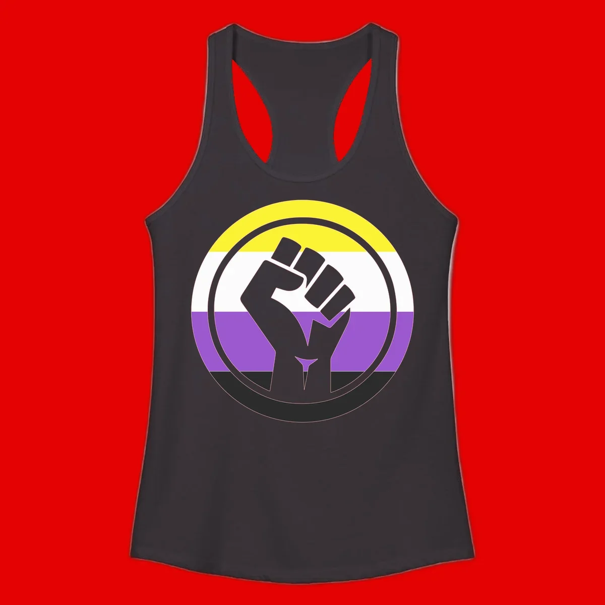 Raised fist silhouette within concentric rings on nonbinary pride flag with yellow, white, purple, and black stripes