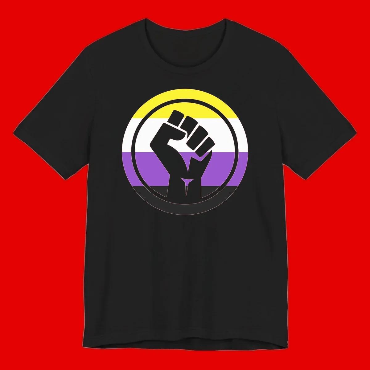 Raised fist silhouette within concentric rings on nonbinary pride flag with yellow, white, purple, and black stripes