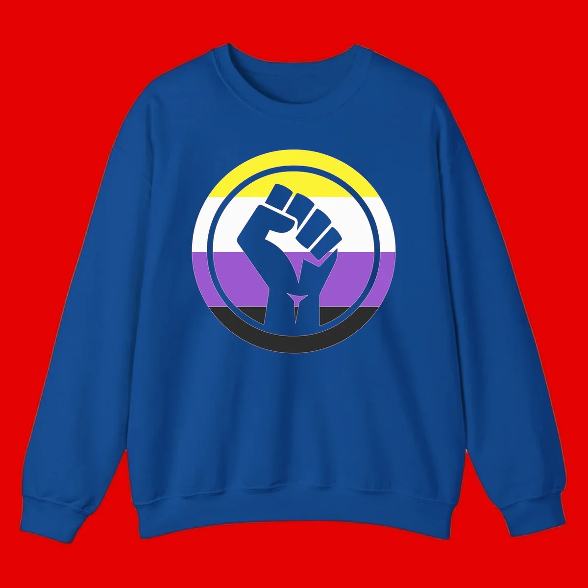 Raised fist silhouette within concentric rings on nonbinary pride flag with yellow, white, purple, and black stripes