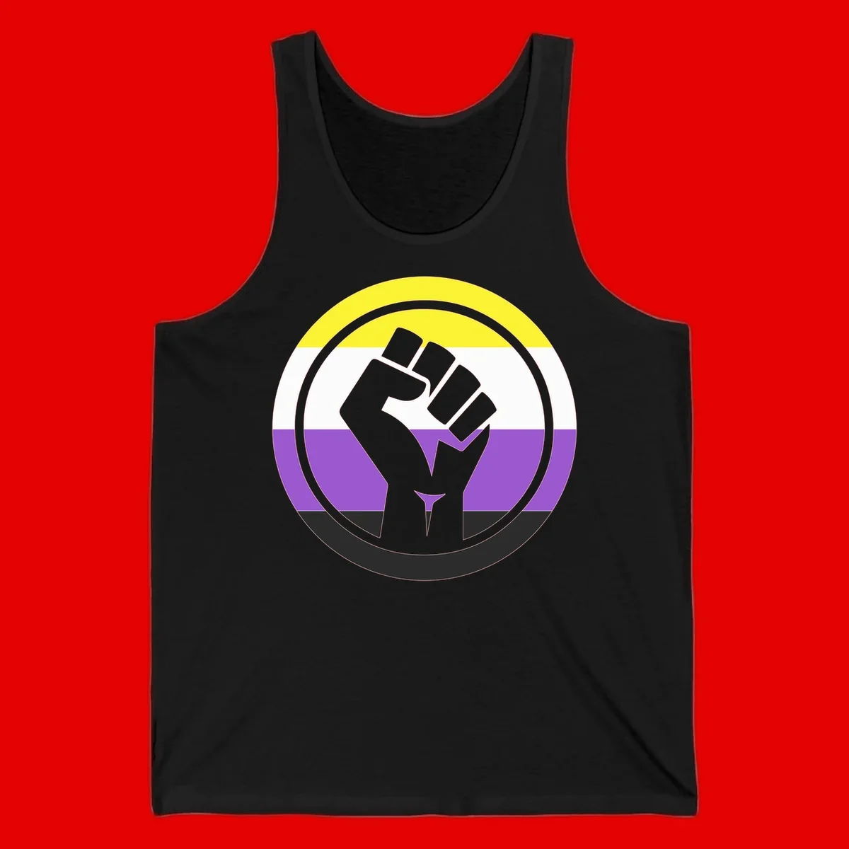 Raised fist silhouette within concentric rings on nonbinary pride flag with yellow, white, purple, and black stripes