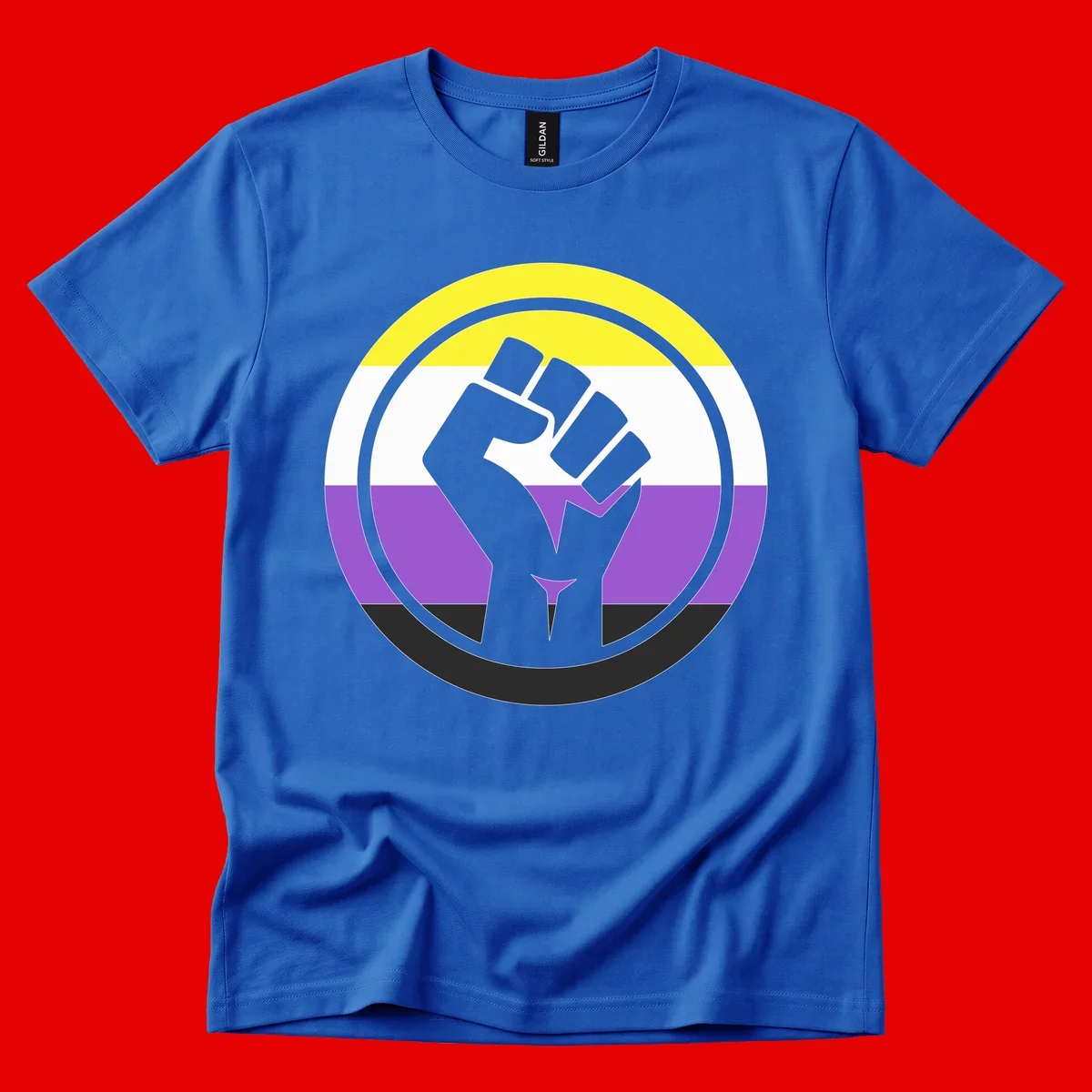 Raised fist silhouette within concentric rings on nonbinary pride flag with yellow, white, purple, and black stripes
