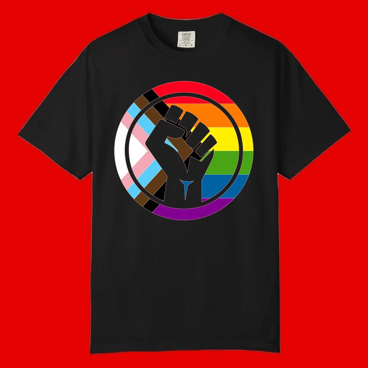 Raised fist silhouette surrounded by concentric rainbow pride flag stripes and intersectional diamond pattern border symbolizing LGBTQ+ unity and solidarity