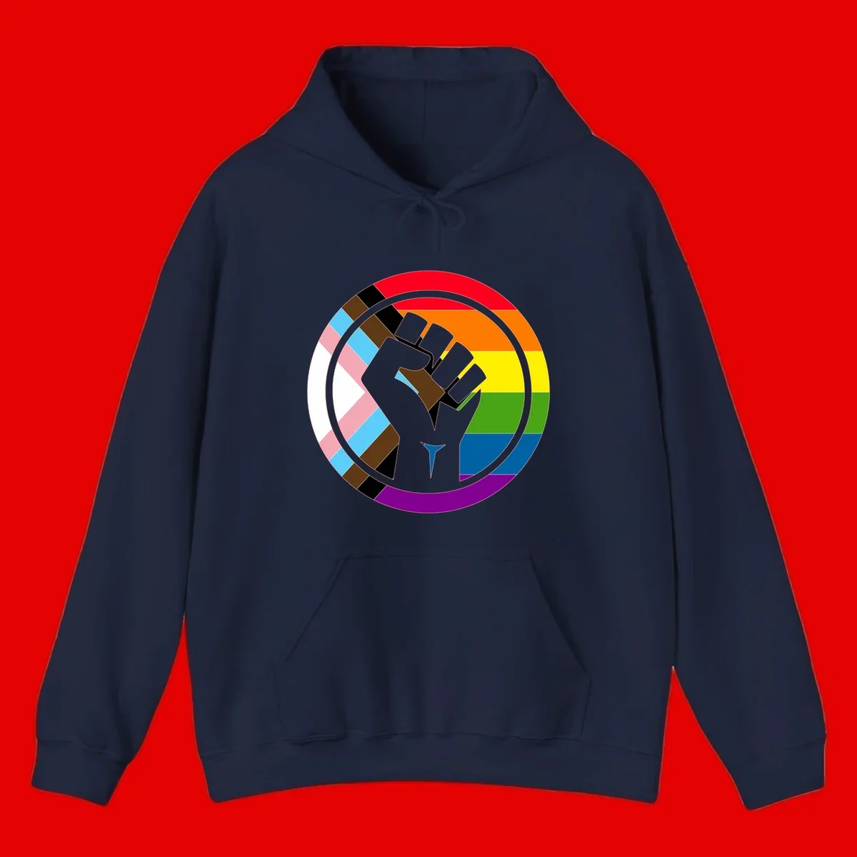 Raised fist silhouette surrounded by concentric rainbow pride flag stripes and intersectional diamond pattern border symbolizing LGBTQ+ unity and solidarity