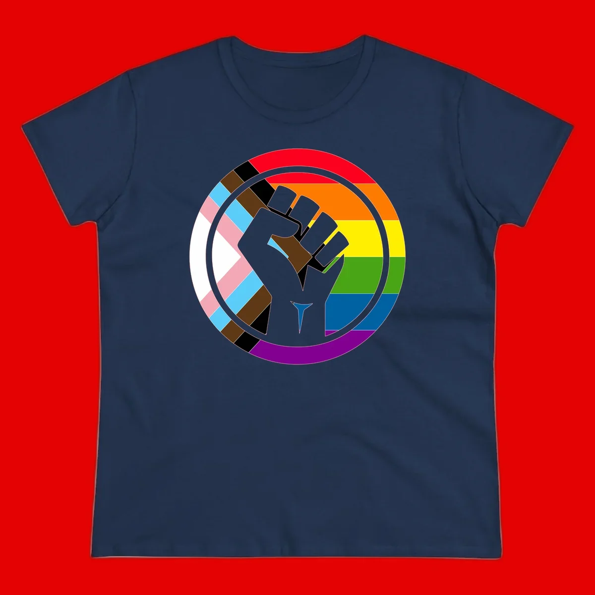 Raised fist silhouette surrounded by concentric rainbow pride flag stripes and intersectional diamond pattern border symbolizing LGBTQ+ unity and solidarity