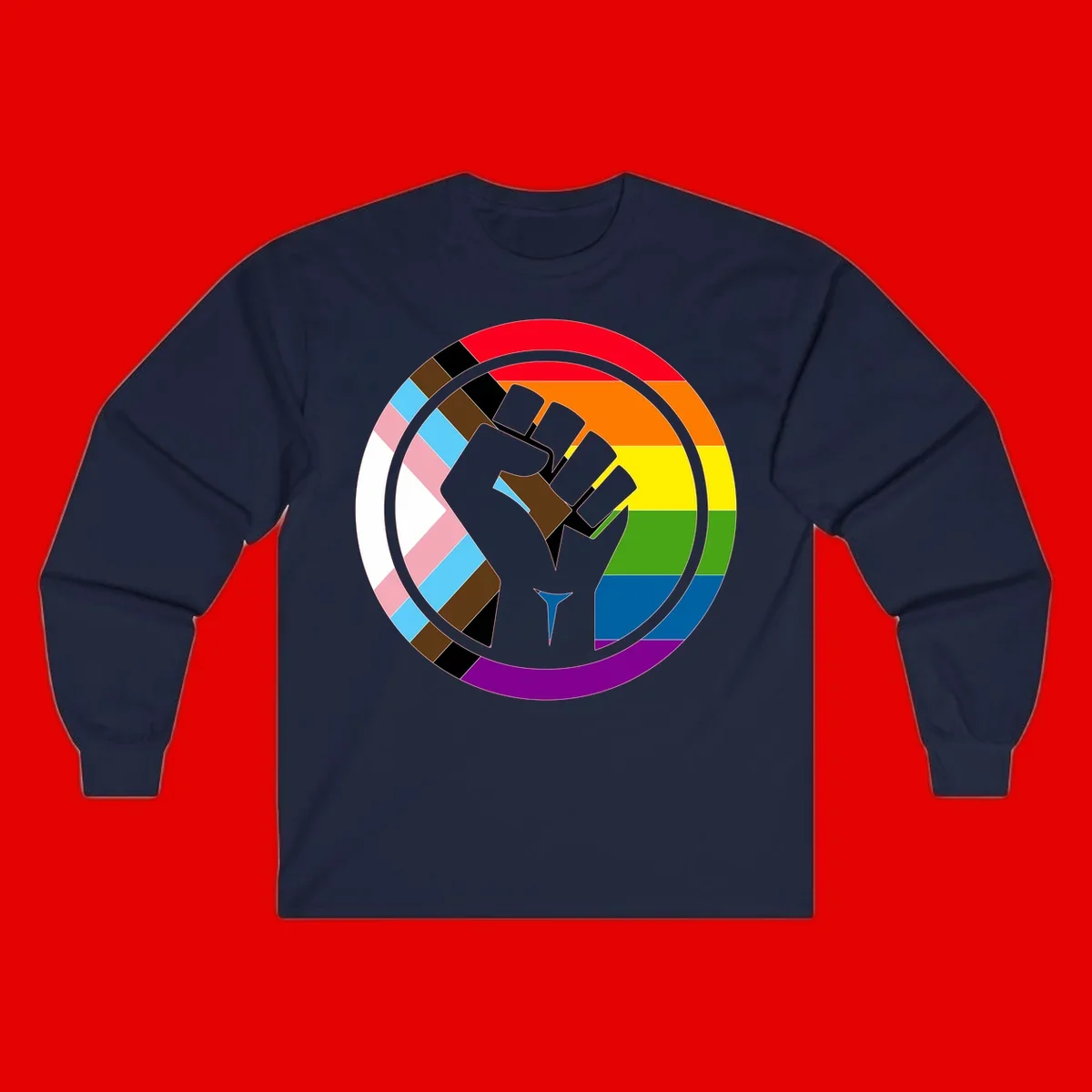 Raised fist silhouette surrounded by concentric rainbow pride flag stripes and intersectional diamond pattern border symbolizing LGBTQ+ unity and solidarity