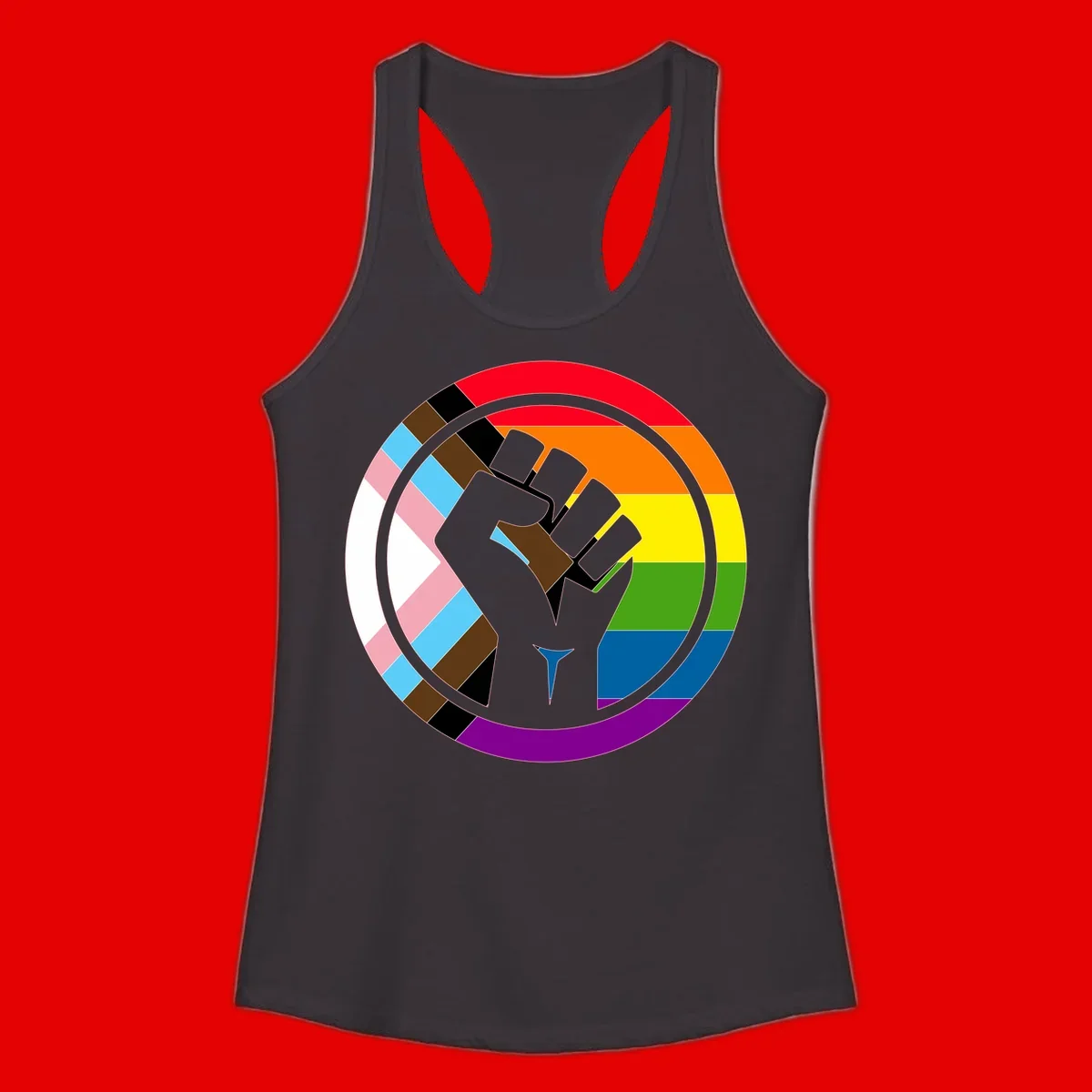 Raised fist silhouette surrounded by concentric rainbow pride flag stripes and intersectional diamond pattern border symbolizing LGBTQ+ unity and solidarity