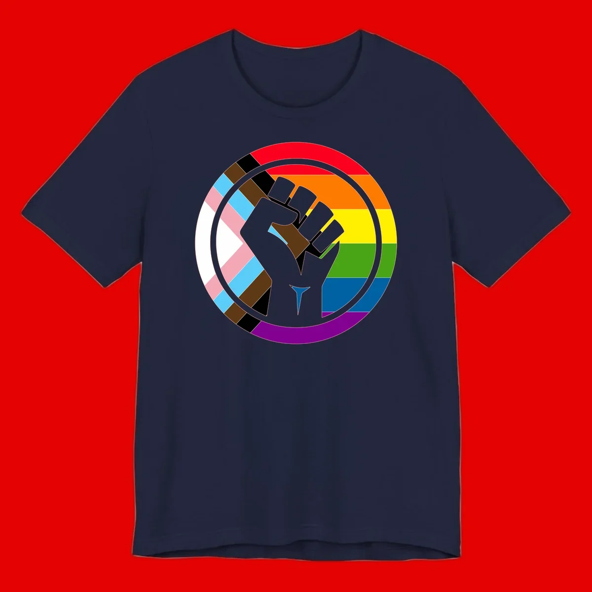 Raised fist silhouette surrounded by concentric rainbow pride flag stripes and intersectional diamond pattern border symbolizing LGBTQ+ unity and solidarity