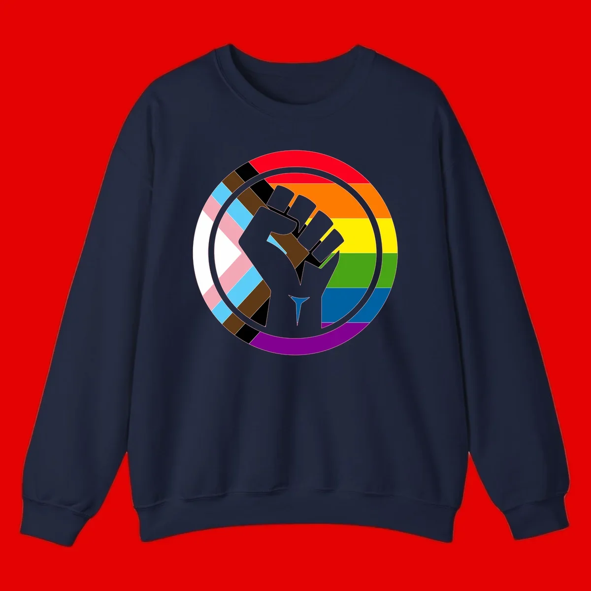 Raised fist silhouette surrounded by concentric rainbow pride flag stripes and intersectional diamond pattern border symbolizing LGBTQ+ unity and solidarity