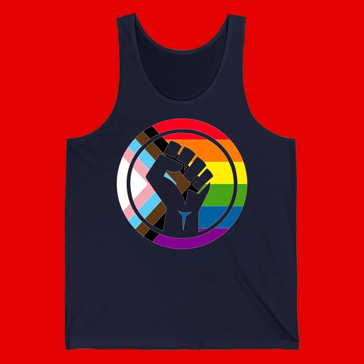 Raised fist silhouette surrounded by concentric rainbow pride flag stripes and intersectional diamond pattern border symbolizing LGBTQ+ unity and solidarity