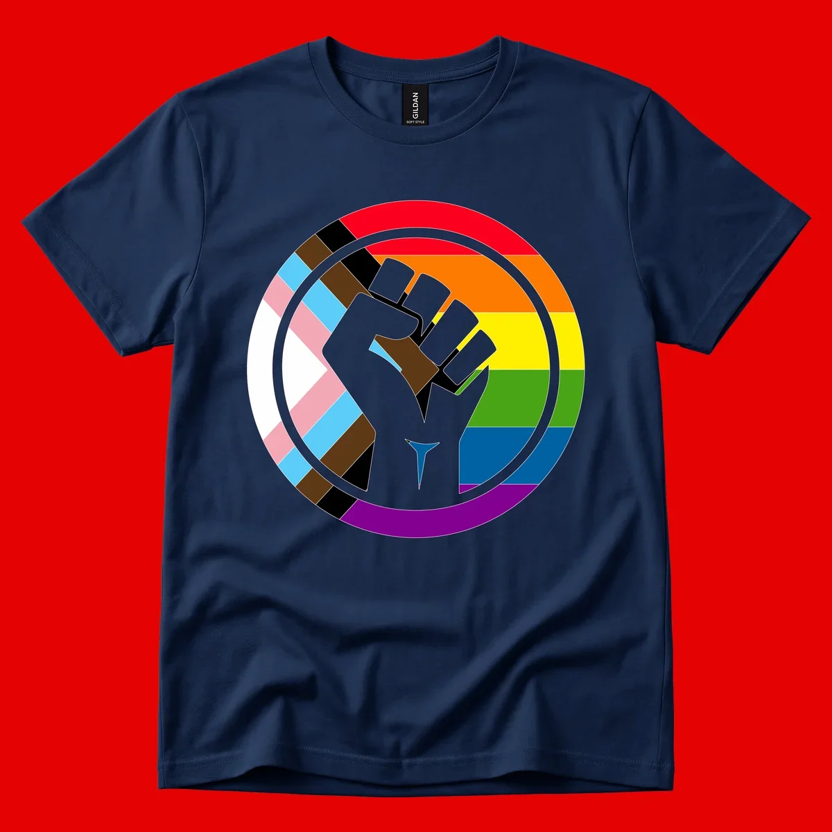 Raised fist silhouette surrounded by concentric rainbow pride flag stripes and intersectional diamond pattern border symbolizing LGBTQ+ unity and solidarity