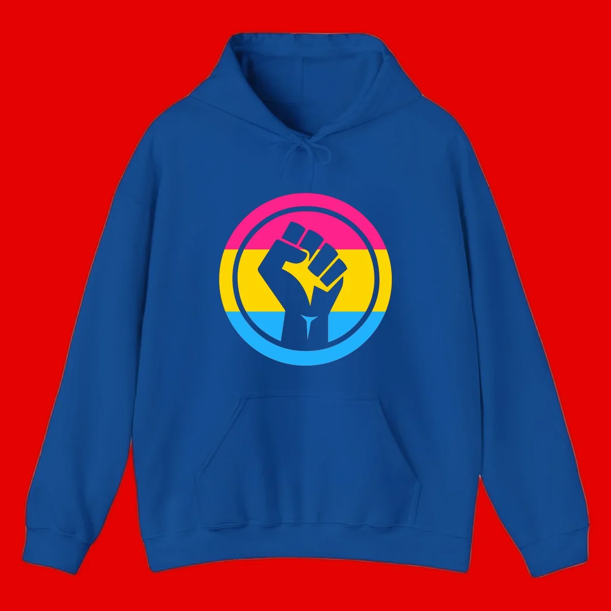 Raised fist silhouette in circular badge with magenta, yellow, and blue pride stripes symbolizing fist-pride-power and activism