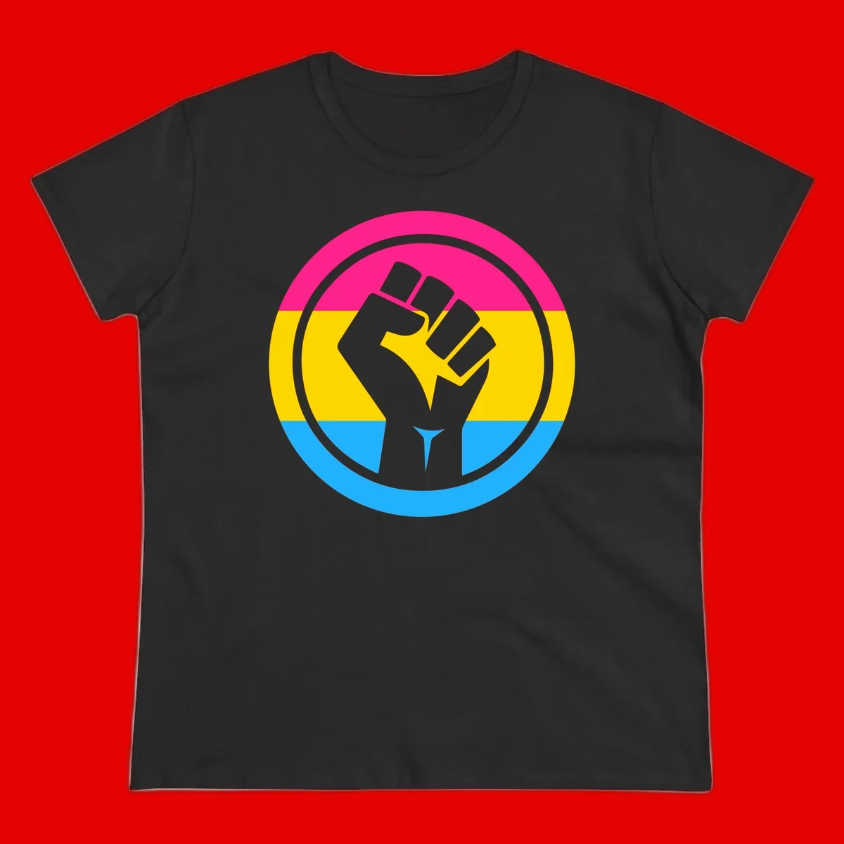 Raised fist silhouette in circular badge with magenta, yellow, and blue pride stripes symbolizing fist-pride-power and activism