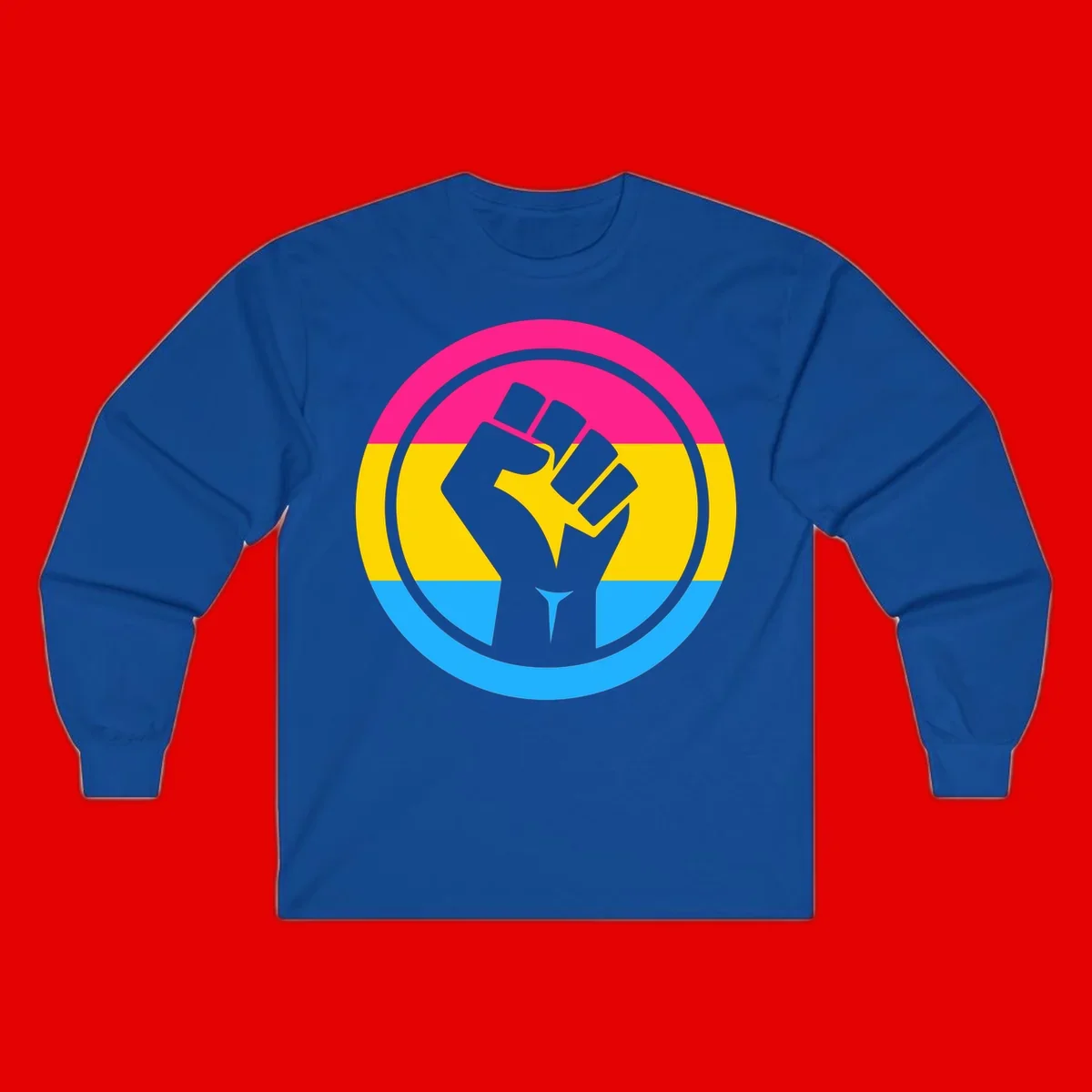 Raised fist silhouette in circular badge with magenta, yellow, and blue pride stripes symbolizing fist-pride-power and activism