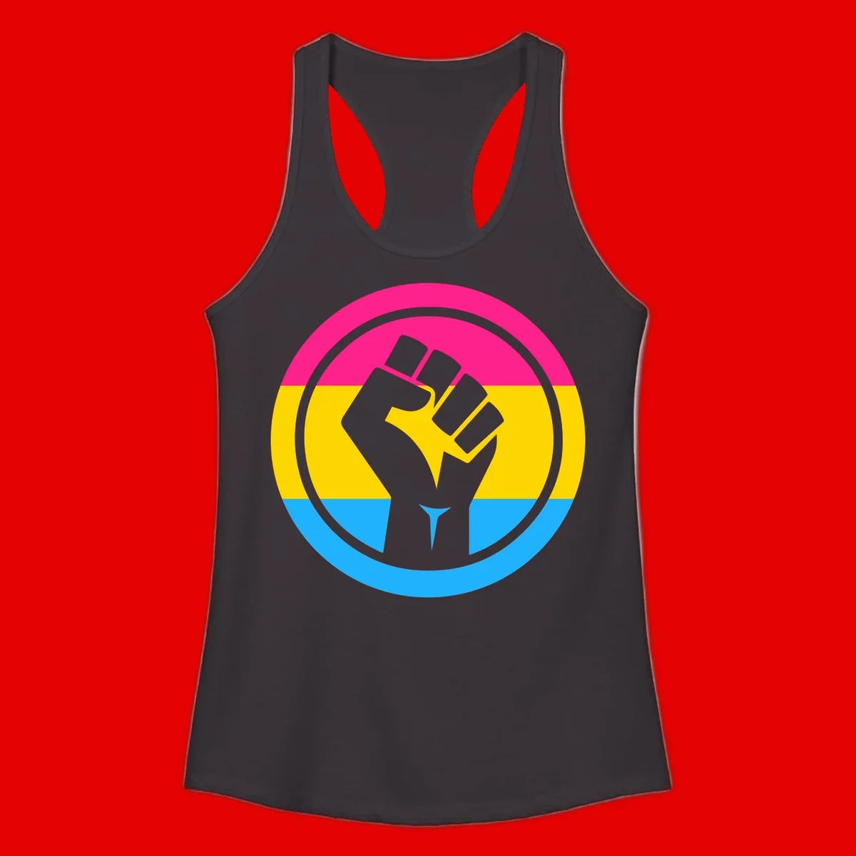Raised fist silhouette in circular badge with magenta, yellow, and blue pride stripes symbolizing fist-pride-power and activism