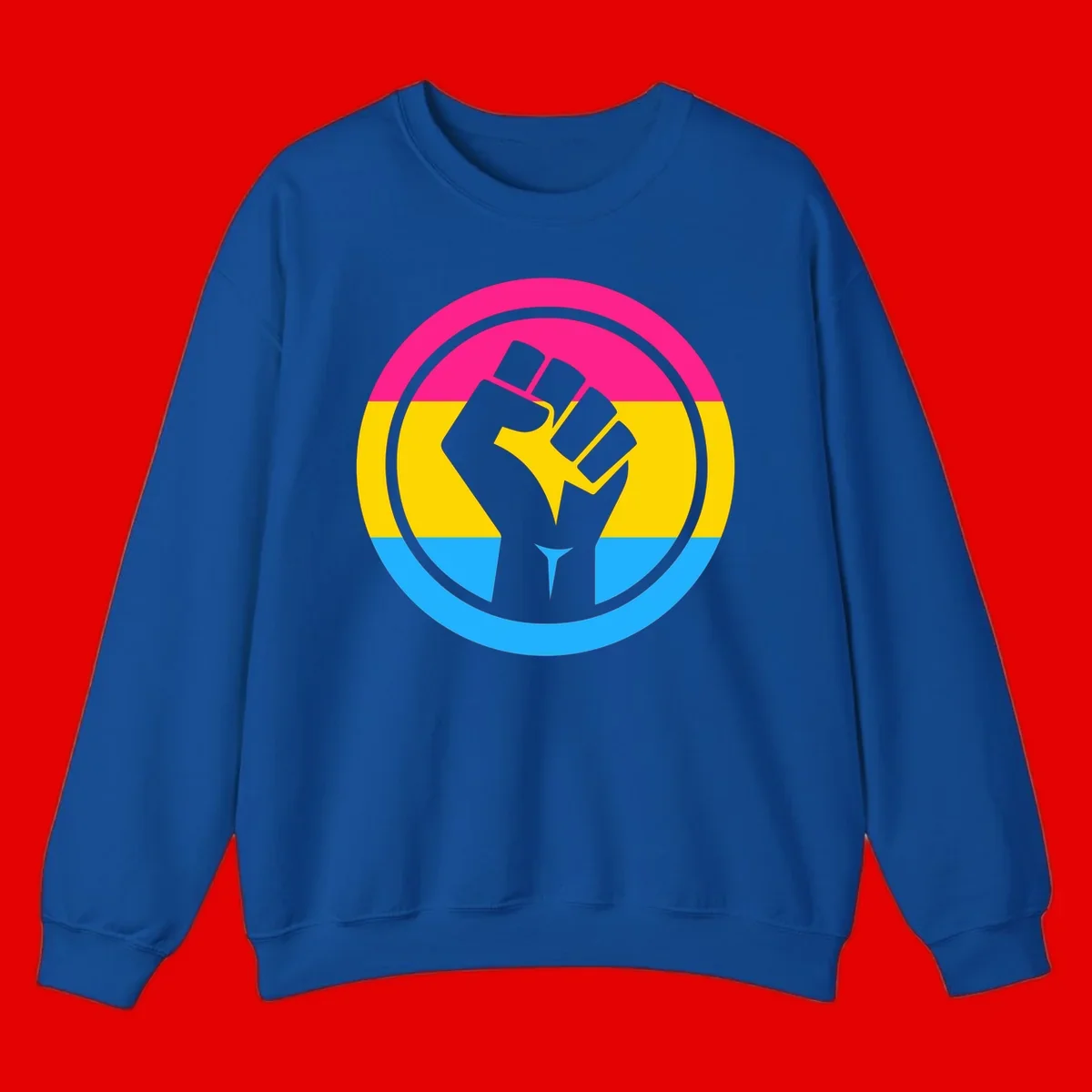 Raised fist silhouette in circular badge with magenta, yellow, and blue pride stripes symbolizing fist-pride-power and activism