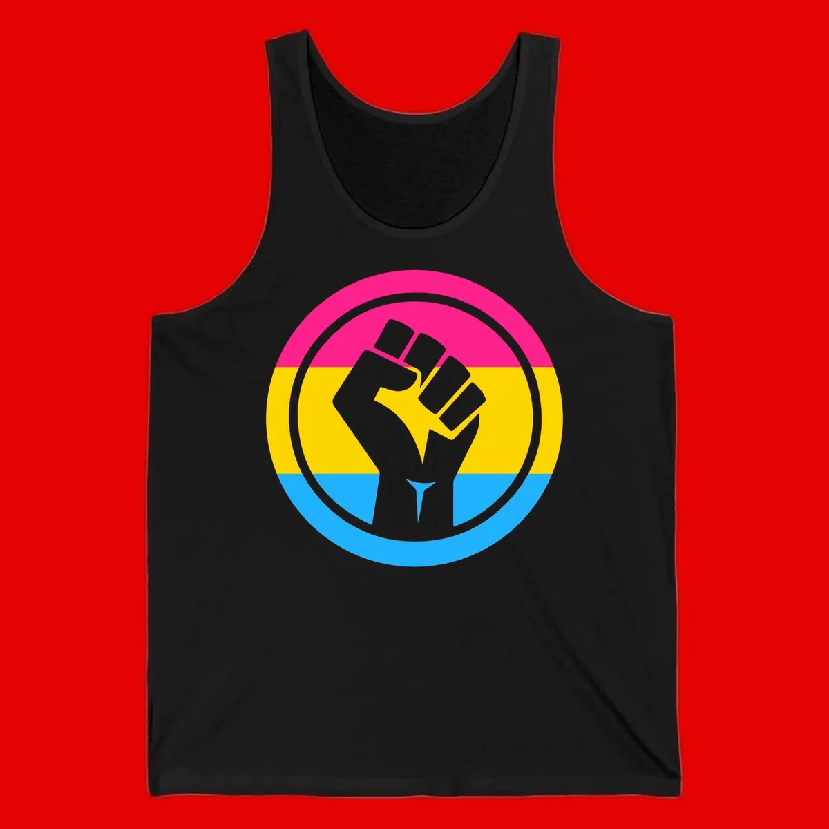 Raised fist silhouette in circular badge with magenta, yellow, and blue pride stripes symbolizing fist-pride-power and activism
