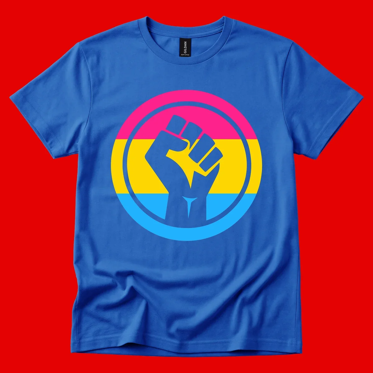 Raised fist silhouette in circular badge with magenta, yellow, and blue pride stripes symbolizing fist-pride-power and activism