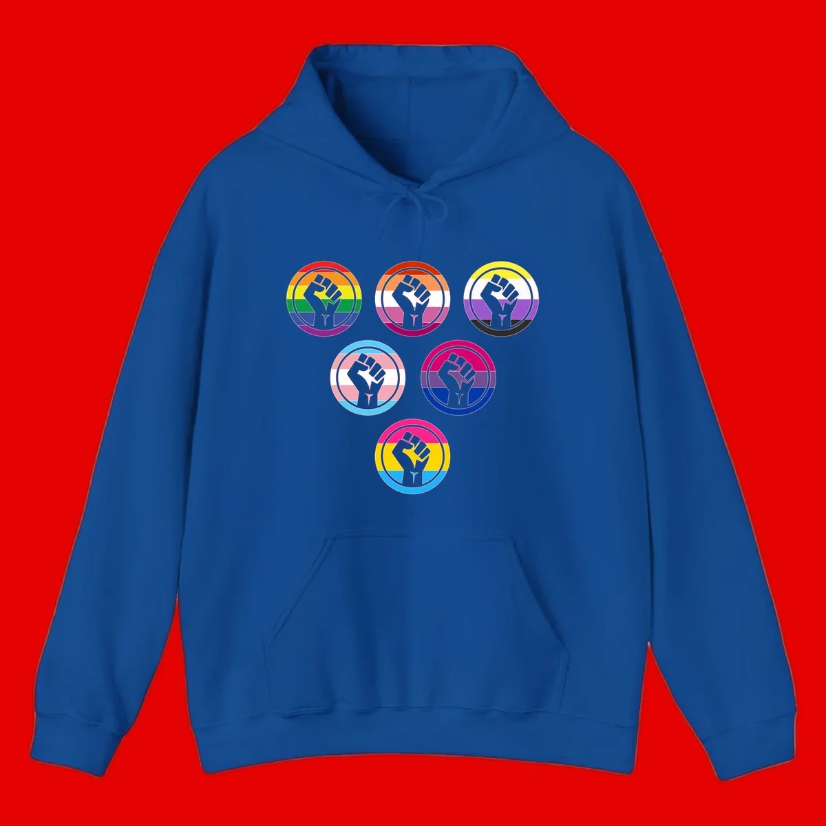 Six circular badge designs with raised fist symbols in different pride flag color schemes including rainbow, trans, and pansexual flags