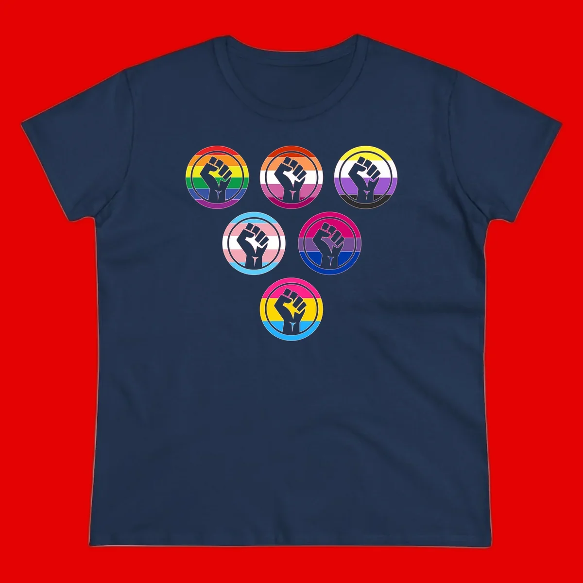 Six circular badge designs with raised fist symbols in different pride flag color schemes including rainbow, trans, and pansexual flags