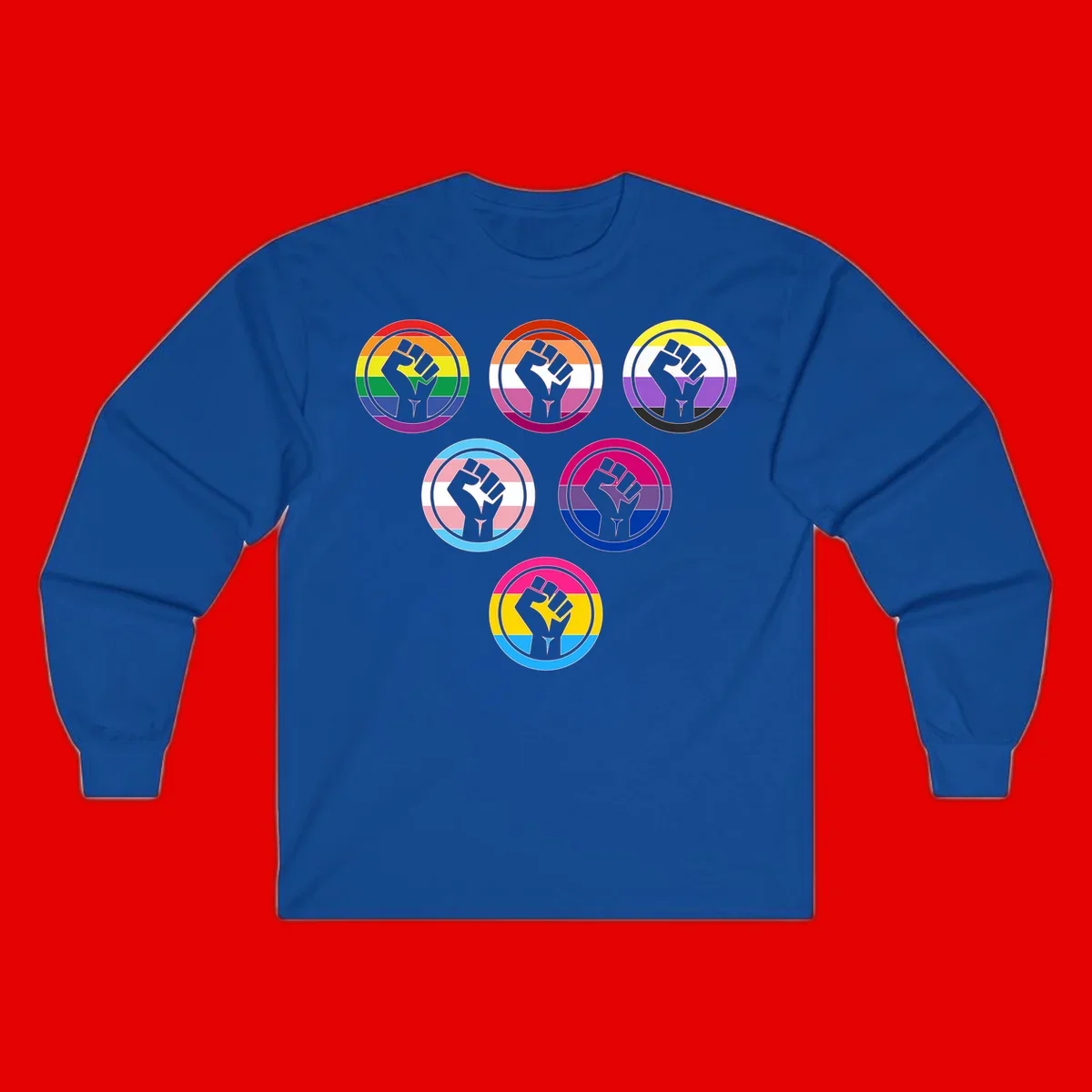 Six circular badge designs with raised fist symbols in different pride flag color schemes including rainbow, trans, and pansexual flags