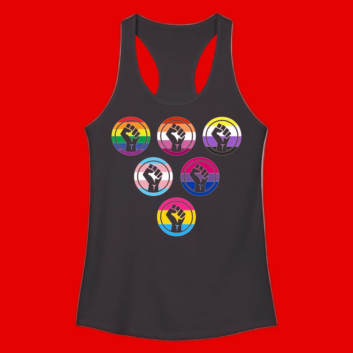 Six circular badge designs with raised fist symbols in different pride flag color schemes including rainbow, trans, and pansexual flags
