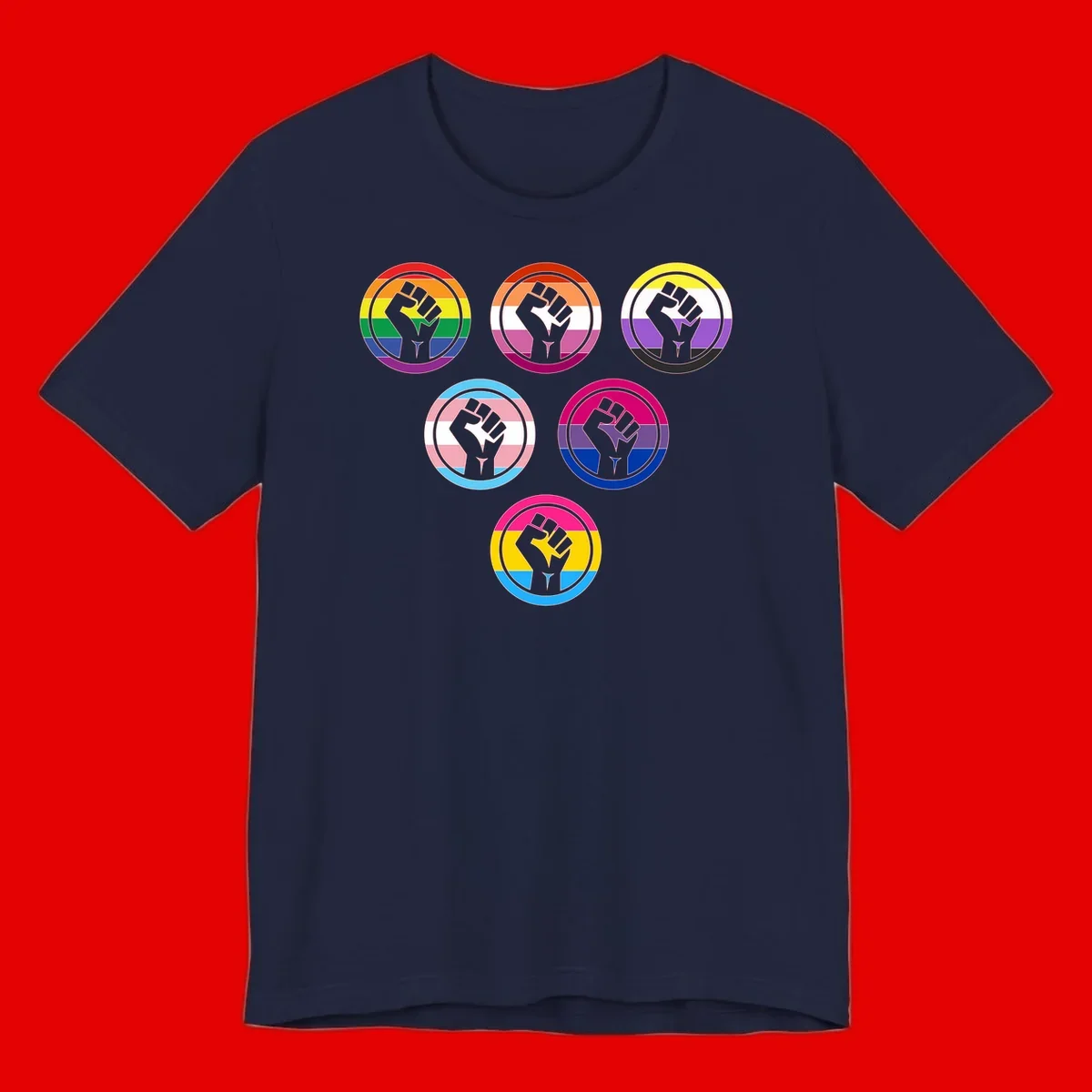 Six circular badge designs with raised fist symbols in different pride flag color schemes including rainbow, trans, and pansexual flags