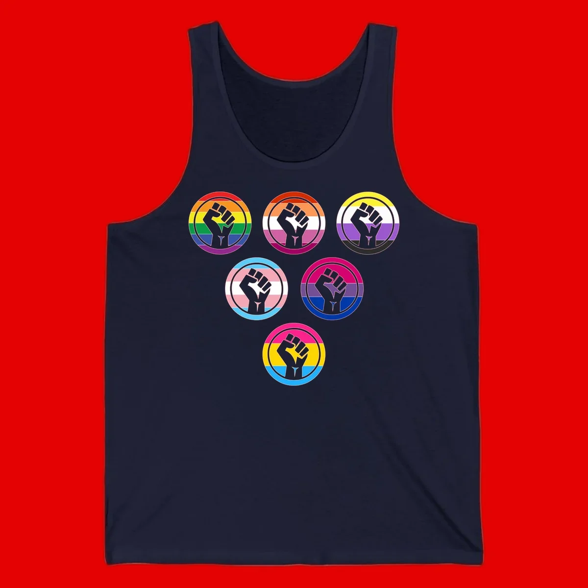 Six circular badge designs with raised fist symbols in different pride flag color schemes including rainbow, trans, and pansexual flags