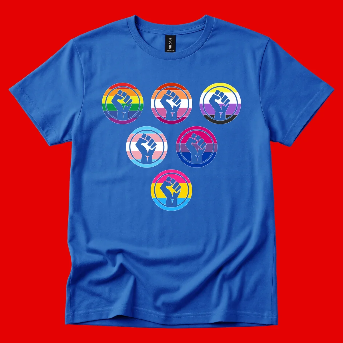 Six circular badge designs with raised fist symbols in different pride flag color schemes including rainbow, trans, and pansexual flags