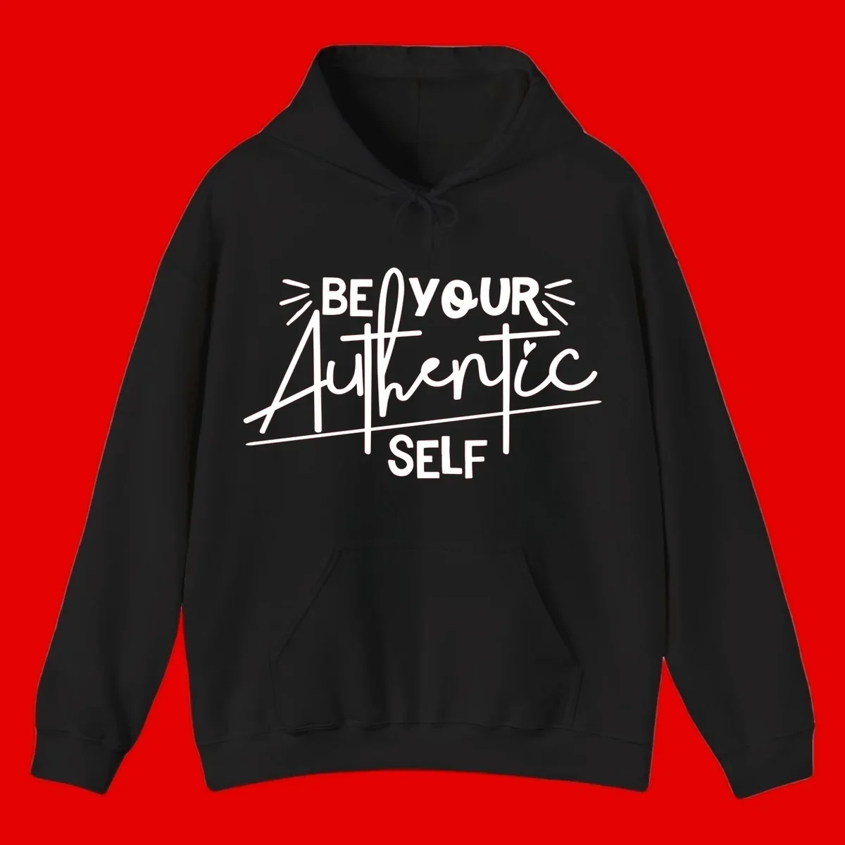 White hand-lettered text reading 'Be Your Authentic Self' with decorative radiating lines and a small heart on gray background
