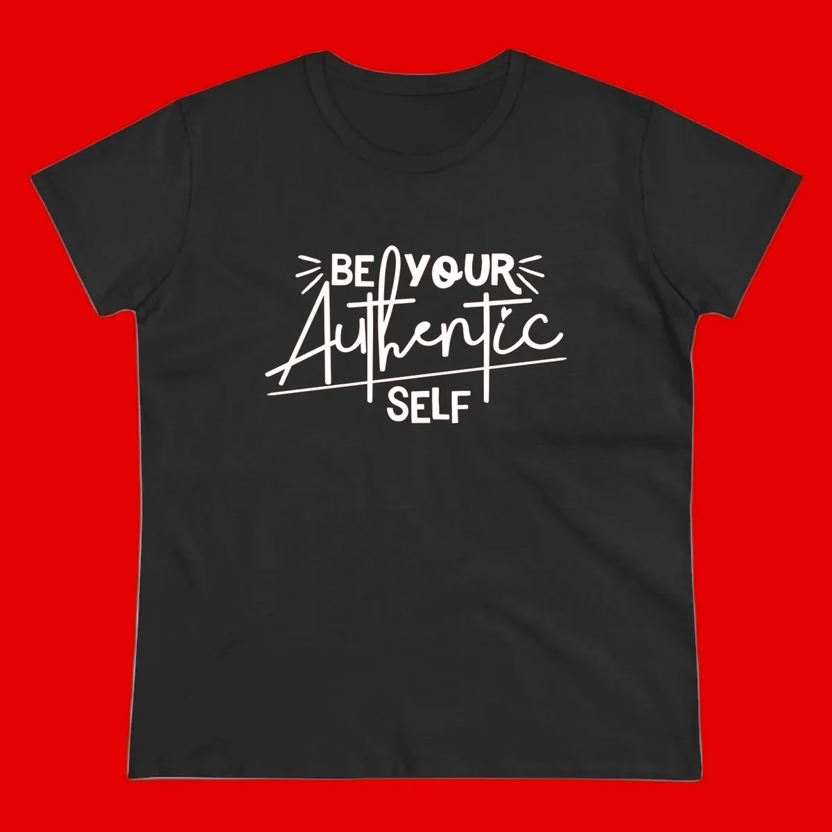 White hand-lettered text reading 'Be Your Authentic Self' with decorative radiating lines and a small heart on gray background