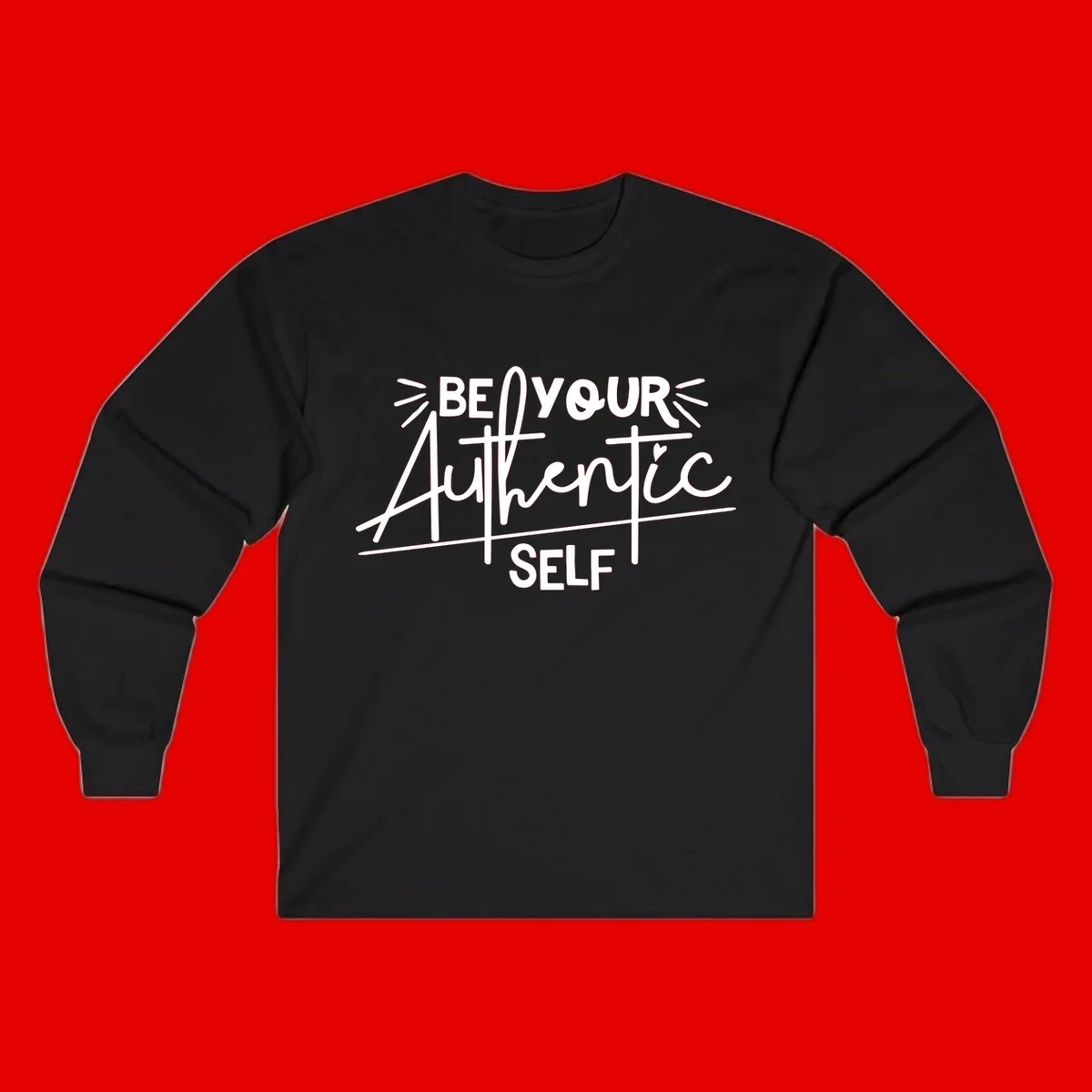 White hand-lettered text reading 'Be Your Authentic Self' with decorative radiating lines and a small heart on gray background
