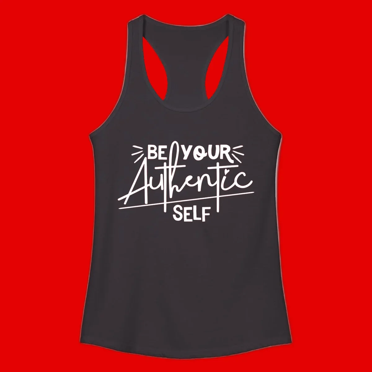 White hand-lettered text reading 'Be Your Authentic Self' with decorative radiating lines and a small heart on gray background