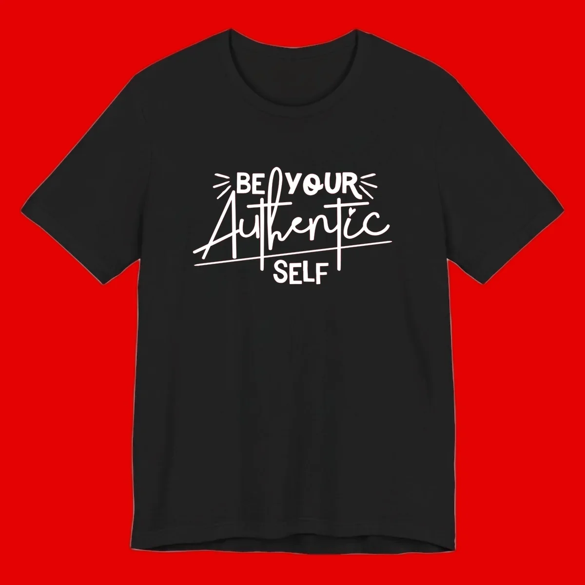 White hand-lettered text reading 'Be Your Authentic Self' with decorative radiating lines and a small heart on gray background