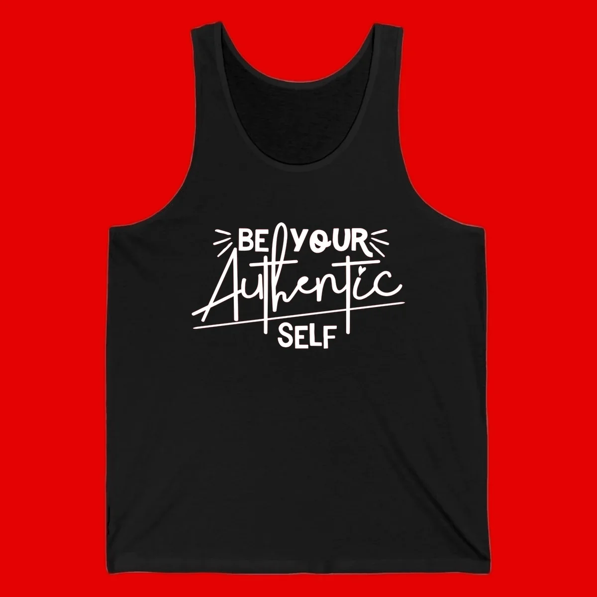 White hand-lettered text reading 'Be Your Authentic Self' with decorative radiating lines and a small heart on gray background