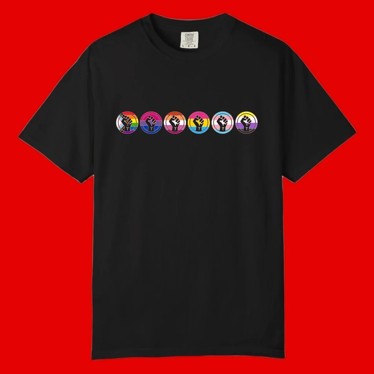 Raised fist symbol surrounded by concentric rainbow pride-colored circular rings representing LGBTQ+ unity and solidarity