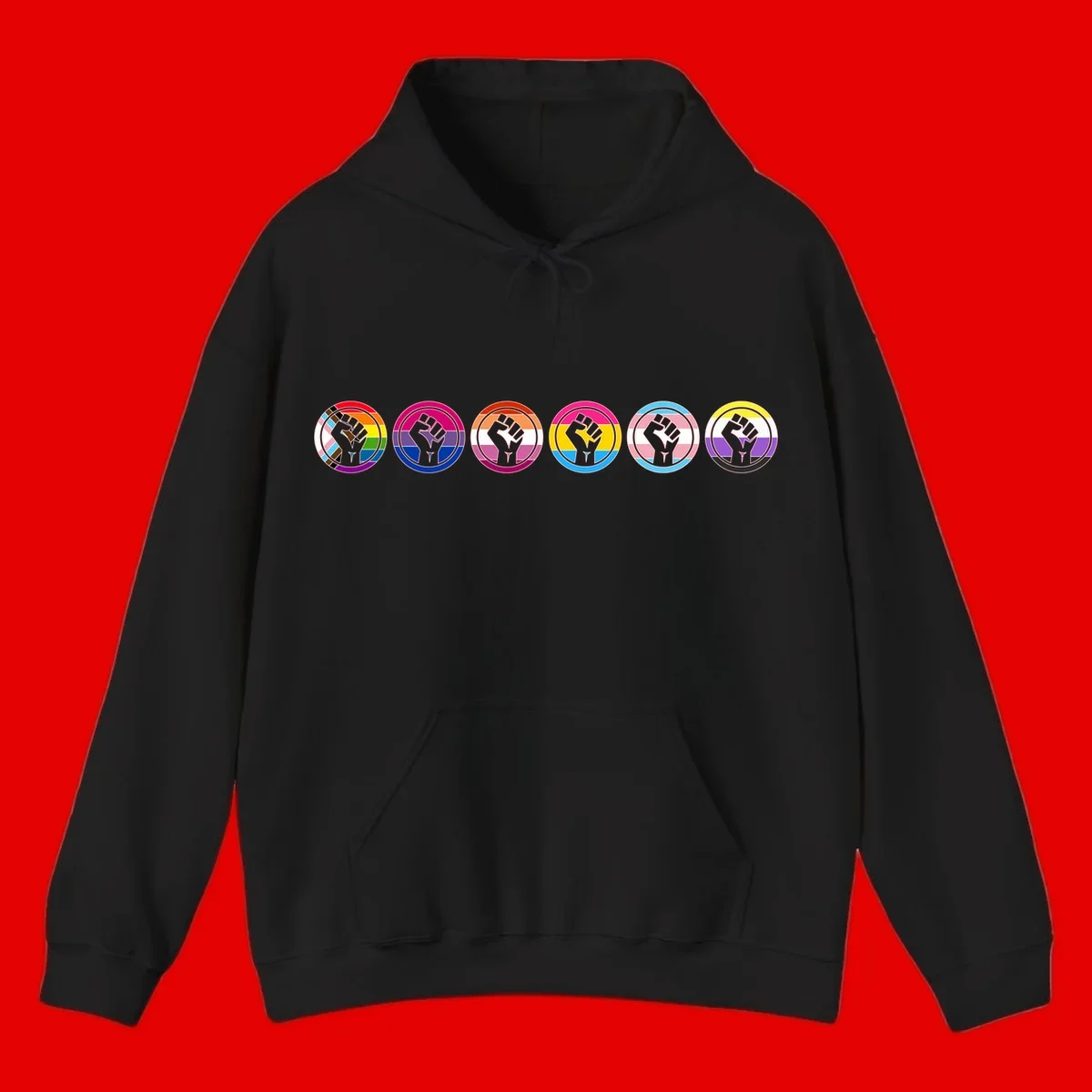 Raised fist symbol surrounded by concentric rainbow pride-colored circular rings representing LGBTQ+ unity and solidarity