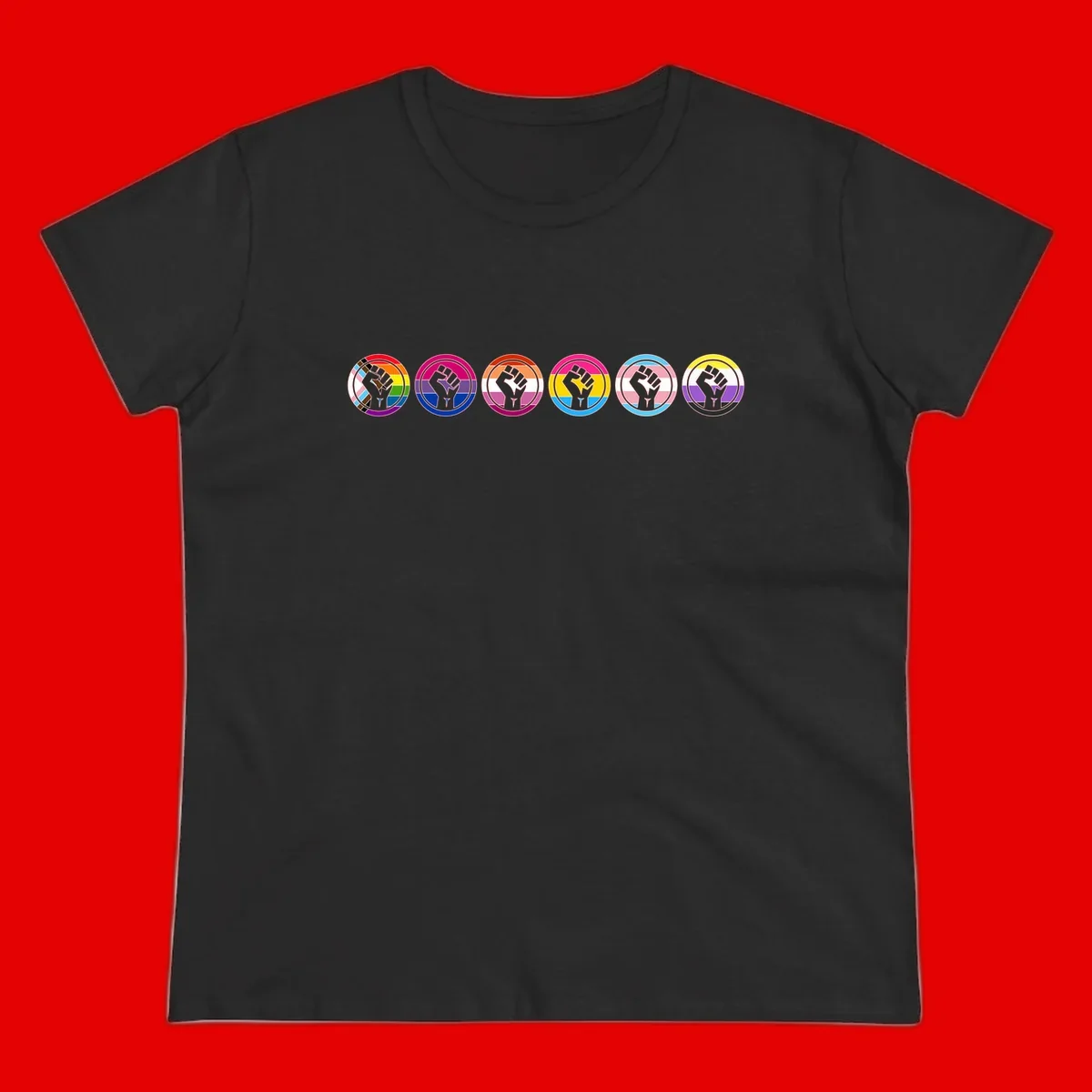 Raised fist symbol surrounded by concentric rainbow pride-colored circular rings representing LGBTQ+ unity and solidarity