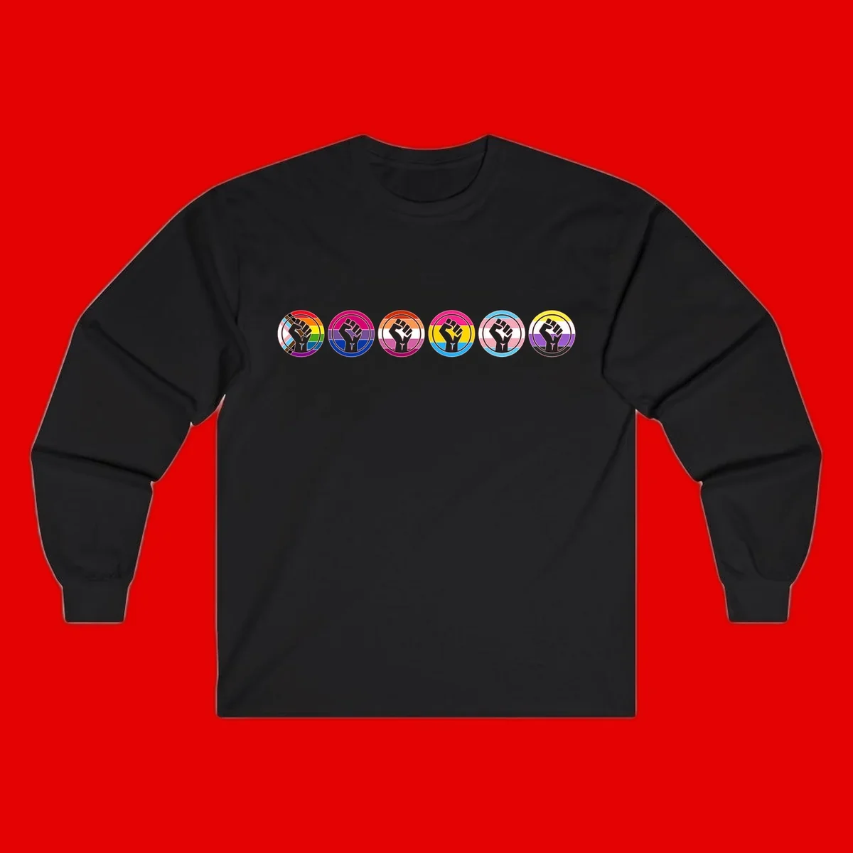 Raised fist symbol surrounded by concentric rainbow pride-colored circular rings representing LGBTQ+ unity and solidarity