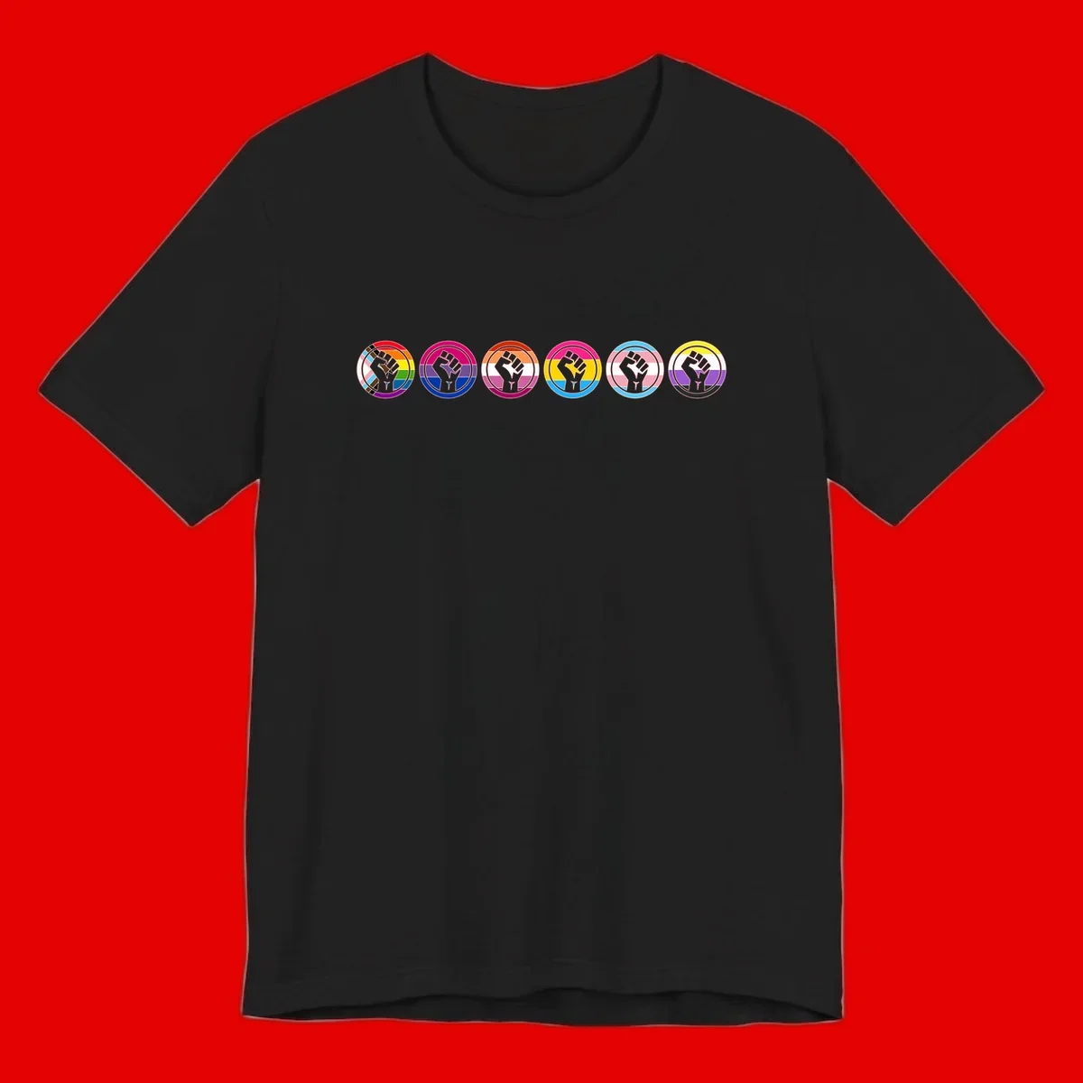 Raised fist symbol surrounded by concentric rainbow pride-colored circular rings representing LGBTQ+ unity and solidarity