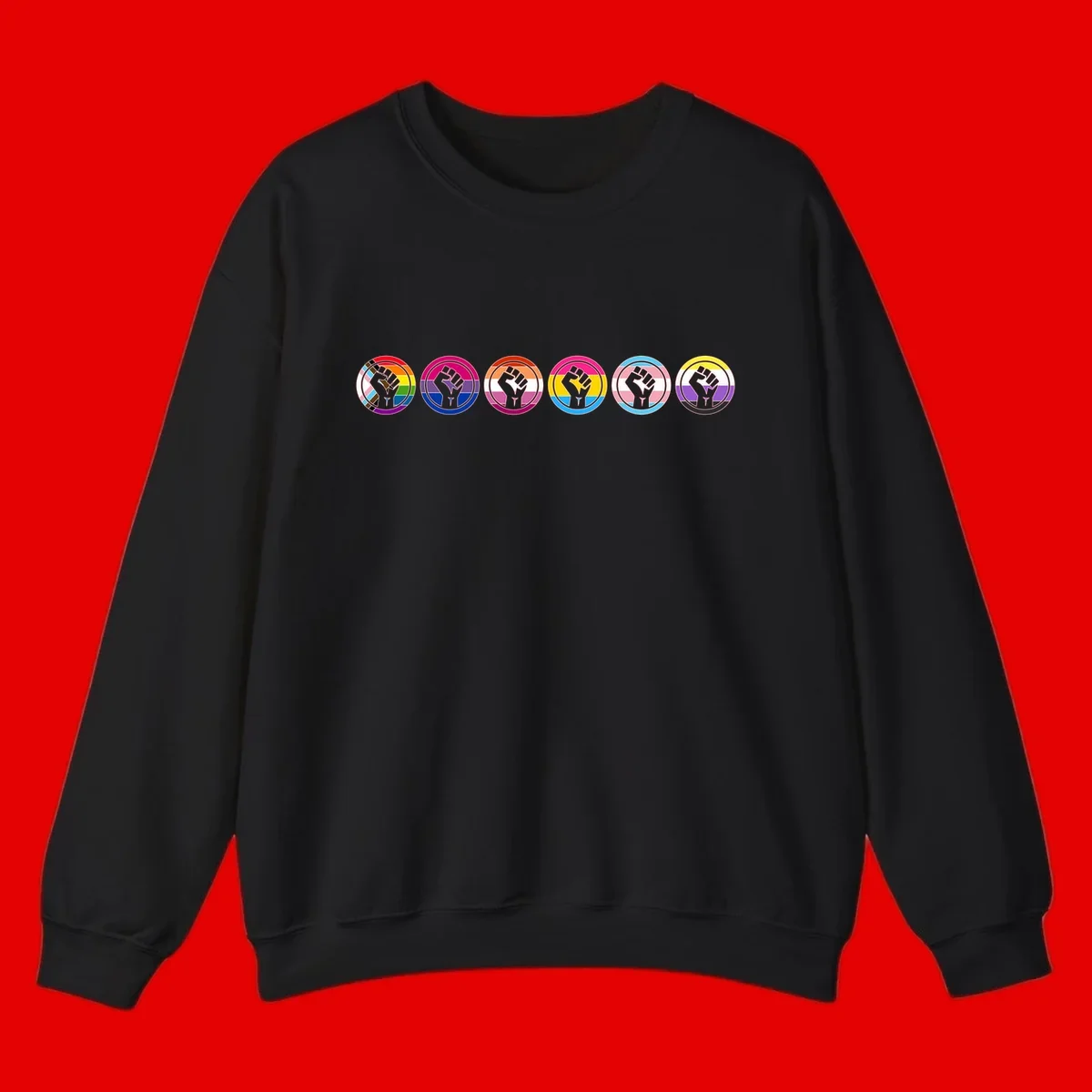 Raised fist symbol surrounded by concentric rainbow pride-colored circular rings representing LGBTQ+ unity and solidarity