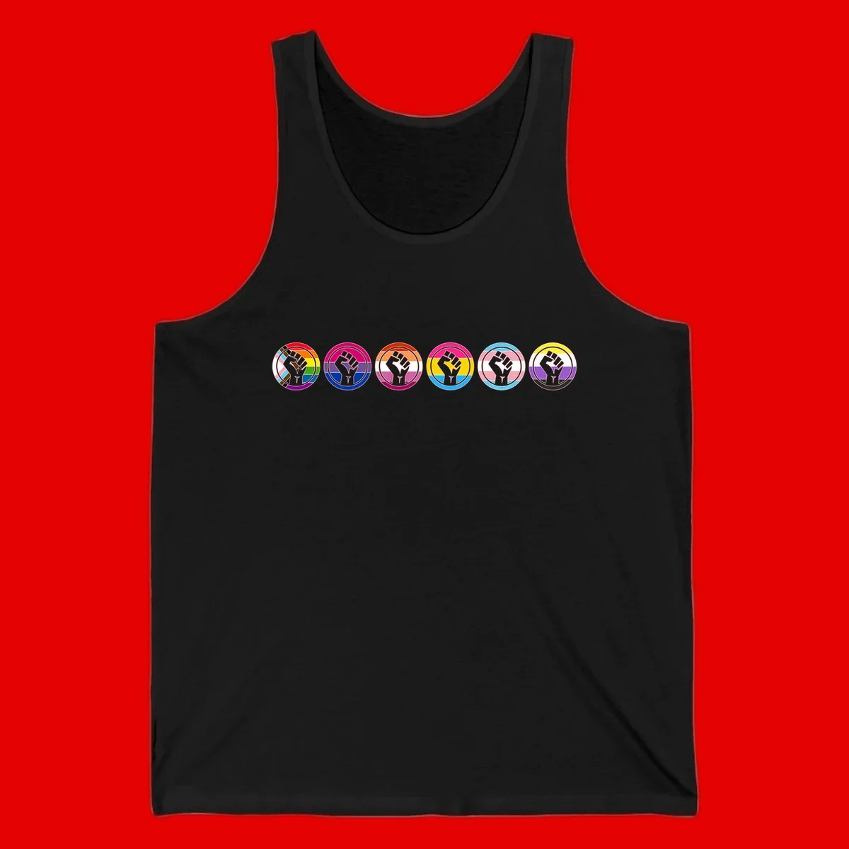 Raised fist symbol surrounded by concentric rainbow pride-colored circular rings representing LGBTQ+ unity and solidarity