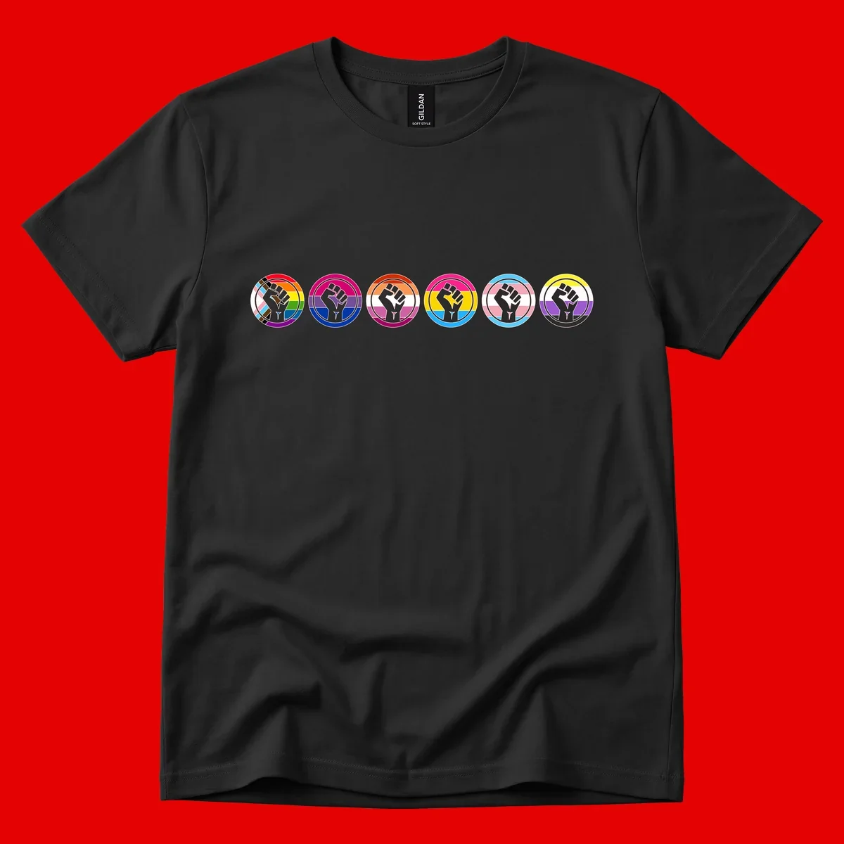 Raised fist symbol surrounded by concentric rainbow pride-colored circular rings representing LGBTQ+ unity and solidarity