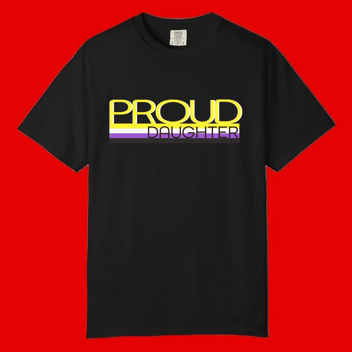 Proud daughter pride flag design with yellow text and lesbian pride stripes in yellow, white, and purple horizontal bands