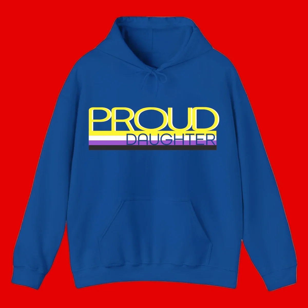 Proud daughter pride flag design with yellow text and lesbian pride stripes in yellow, white, and purple horizontal bands