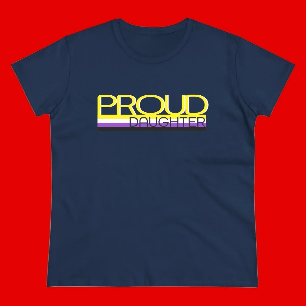 Proud daughter pride flag design with yellow text and lesbian pride stripes in yellow, white, and purple horizontal bands